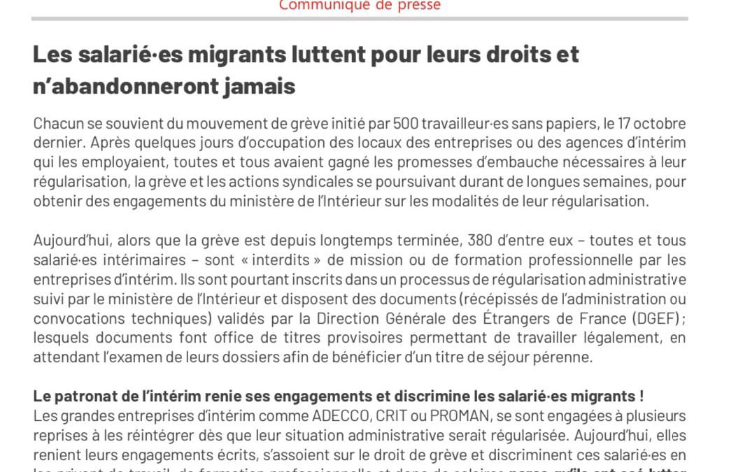 Le patronat de l’intérim renie ses engagements écrits envers les Travailleurs Sans Papiers.