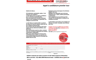 Les élections chez Adecco, le premier tour c’est du 8 au 21 Janvier 2025. Pour être candidat(e), c’est jusqu’au 25 novembre.